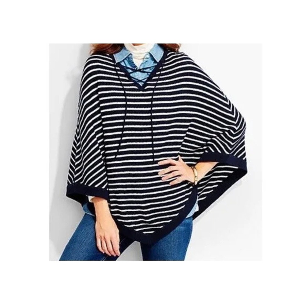 Talbots Poncho Cape Sweater Womens Large Cruise Lace Up Striped Navy White